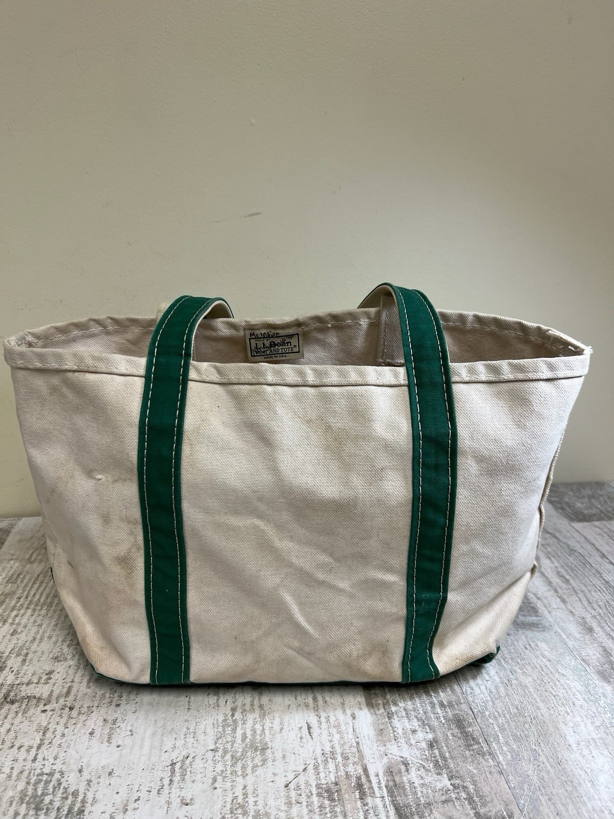 Vintage LL Bean Dark Green Trim Boat & Tote Canvas Bag Long Handles
