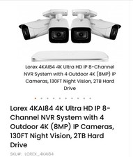 Lorex 4K Ultra HD IP 8-Channel NVR System with 4 Outdoor 4K IP Cameras.Brand New