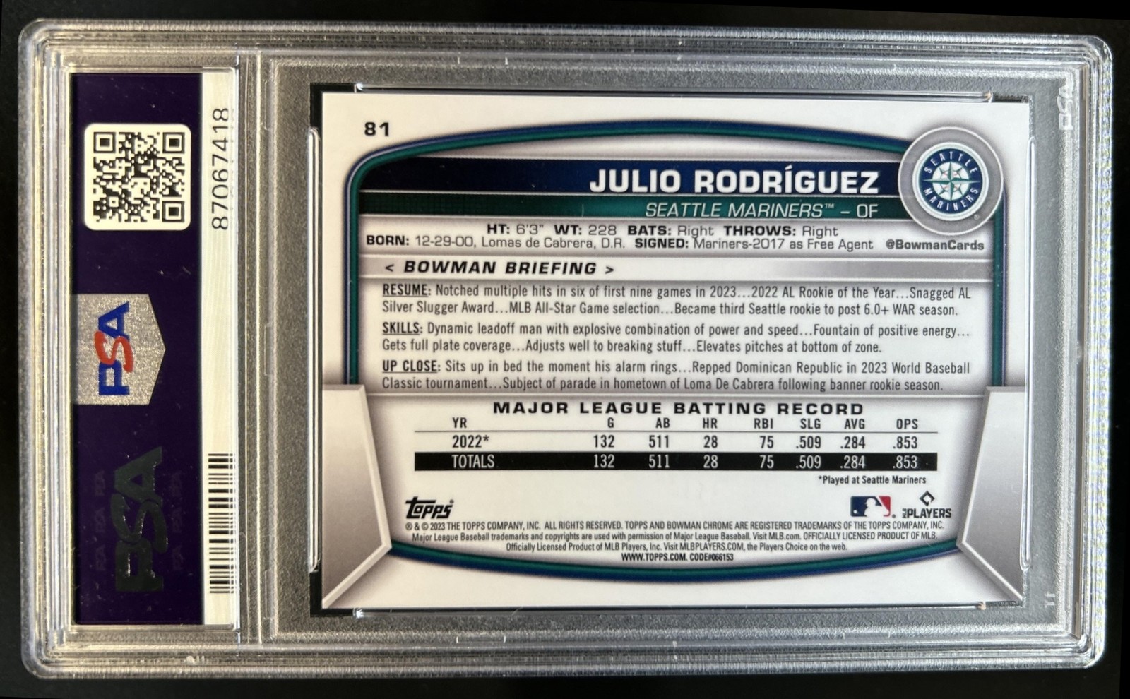 2023 Bowman Chrome Sapphire Julio Rodriguez Refractor Aqua #/99 Mariners PSA 10 view 2
