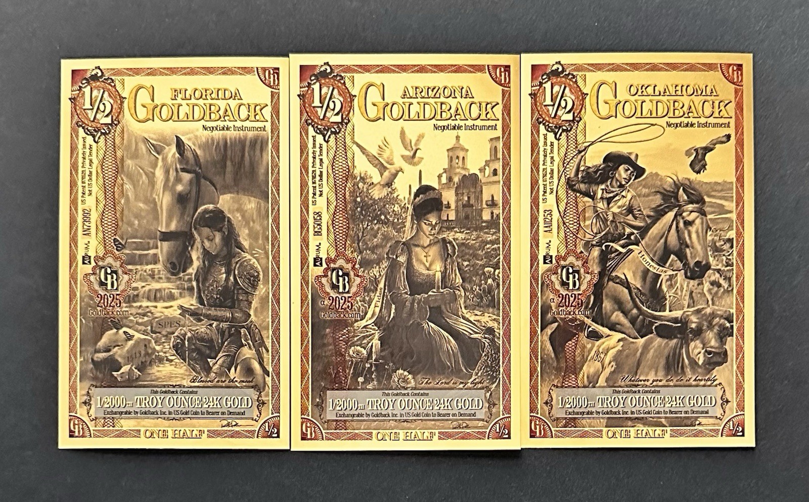 GOLD (Lot of 3) 1/2 Goldback Notes AZ, FL, & OK (2025 or Alpha) 24K