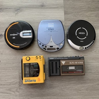 Lot of 5 Portable Cassette and CD Players Sony Philips Aiwa- For Parts or Repair