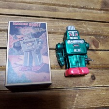 SMOKING ROBOT Showa Retro Wind-up Tin Green Boxed 9cm Used