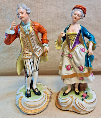 1950s Rococo Dresden-Style Porcelain Courting Couple Figurines   Hand-Painted  