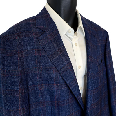 Canali Kei Sport Coat Mens 46L EU56L Navy Red Windowpane Wool Lightweight 23270