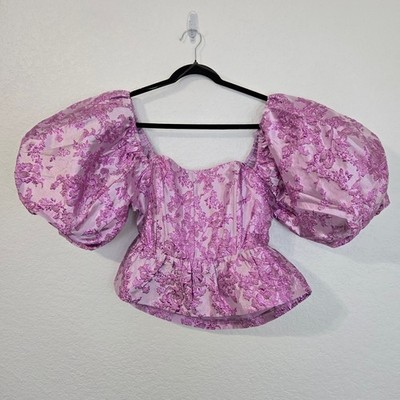 The POST Lilac Floral Brocade Puff Sleeve Peplum Top Back Bow Cutout L