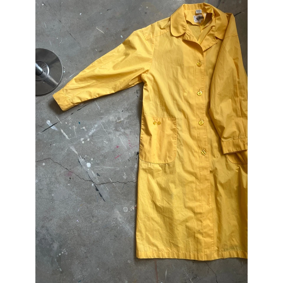 Vintage Trench Coat, Jacket, Yellow, 1990s 80s Handpainted, Bunnies Sun Applique - Image 2 of 4