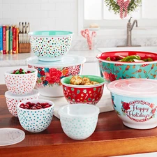 Pioneer Woman Christmas Happy Holidays Cheerful Rose Melamine Bowl Set 18Pcs Lid