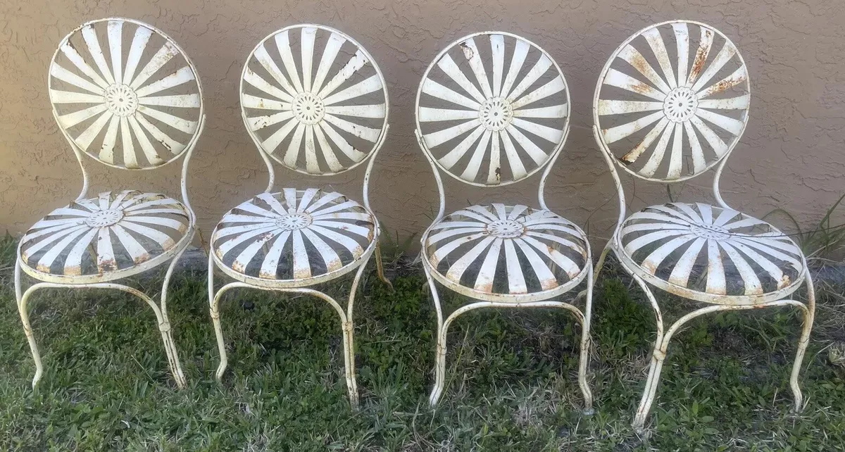 Francois Carre Metal Garden Chairs Sunburst set of 4 vintage