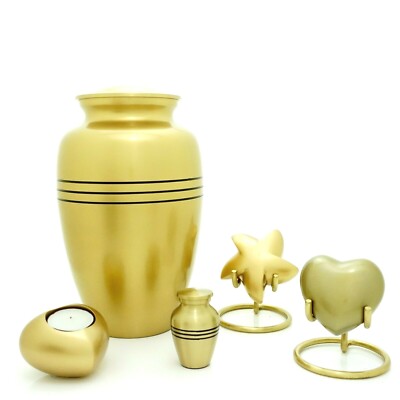 Gold Zinn Einäscherungsurne, Andenken, Stern, Herz und Teelichturne, gravierbar 