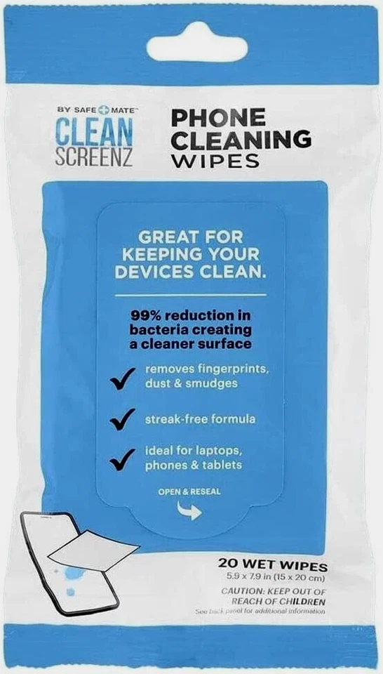 Safe Mate CLEANSCREENZ - Toallitas húmedas para teléfono - Paquete de 2 (40 toallitas individuales) Foto 2 de 3