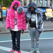 Hot pink Mens Natural Fox Fur Jackets Hooded Fashion Winter Warm Real Fur Coats