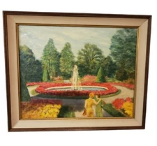 Vintage Oil Painting Original Jean B. Egan Two Women In Garden With Fountain
