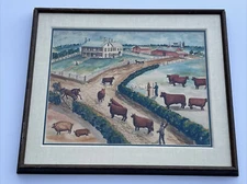 OSTERMANN FOLK ART PAINTING FARMING REGIONALISM NAIVE PIGS LANDSCAPE WHIMSICAL