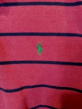 Vntg Polo Ralph Lauren Mens L Shirt Short Sleeve Red Navy Blue Stripe Green Pony