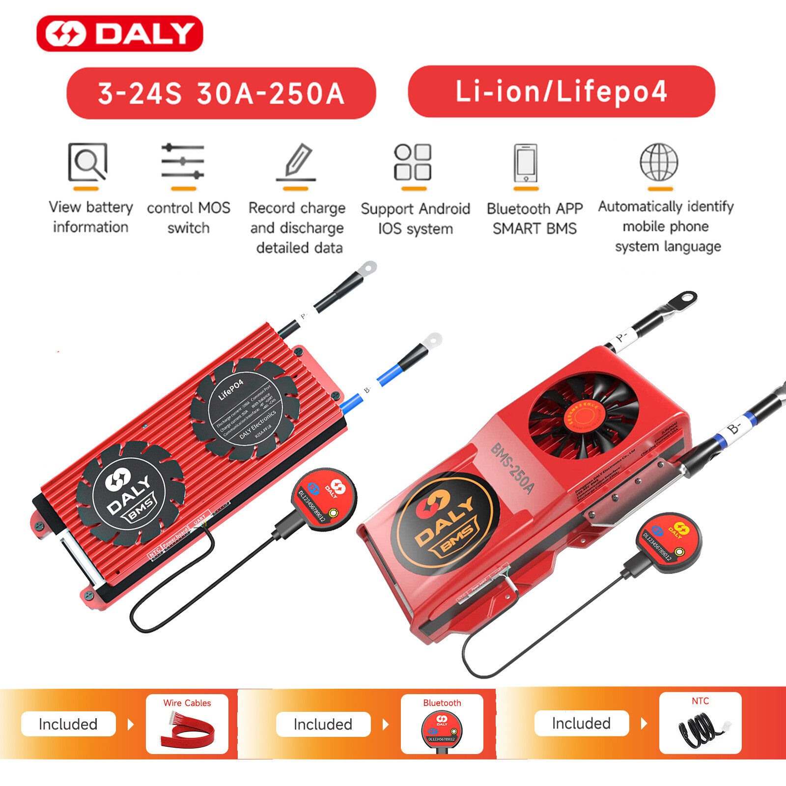 Daly Smart BMS LiFePo4 Li-ion 4S-24S 30A-250A Common Port Balance BT Module Lot - Foto 5