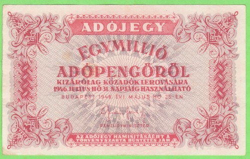 Ungarn 1946 1000000 1 Million Adopengo Weißbuch ohne S/N P-140 -sehr schön B414