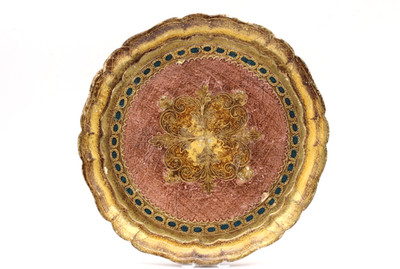Florentine Tablett Serviertablett aus Holz Golddekor Vintage Ø 29 cm