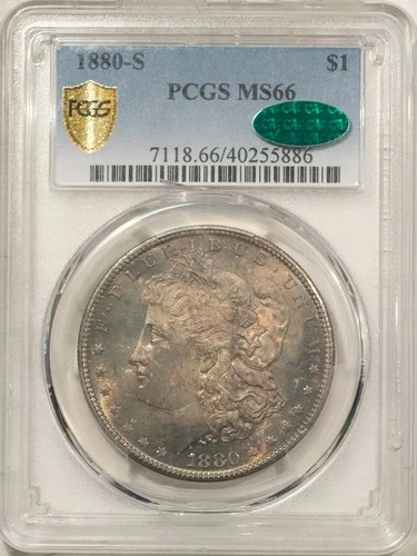 1880-S $1 MORGAN DOLLAR - PCGS MS-66, ORIGINAL, END ROLL TONER & CAC APPROVED!