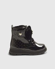 River Island Mini Girls Boots Black Patent Monogram Cleated Sole Size Zip Shoes