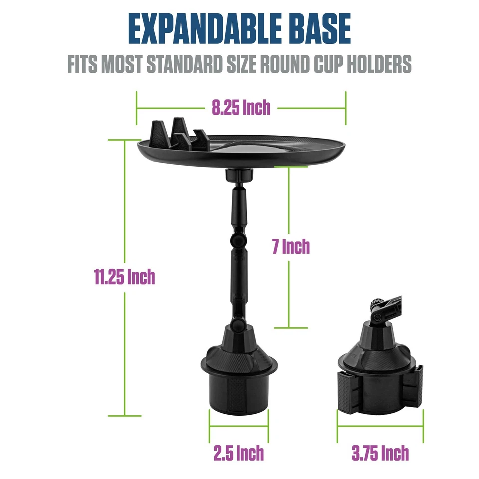 Car Cup Holder Food Tray with Phone Mount 360° Rotating Arm Expandable Base - Image 4 of 4