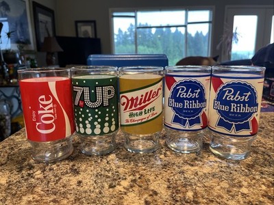 Vintage Pedestal Drinking Glasses 12oz~ EnjoyCoke~7 Up~Miller~2Pabst BR= 5 Pc.