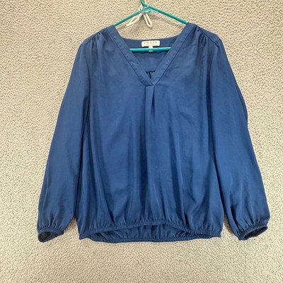 Chaus Womens V Neck Long Sleeve Elastic Hem Blouse Blue Size L
