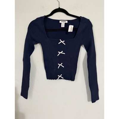 RSQ Navy Blue Ribbed Square Neck Long Sleeve Cropped Sweater Small
