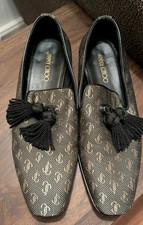 Jimmy Choo Foxley Black Gold Monogram Tassel Loafers Men 10.5 US 44.5 EU Smoking