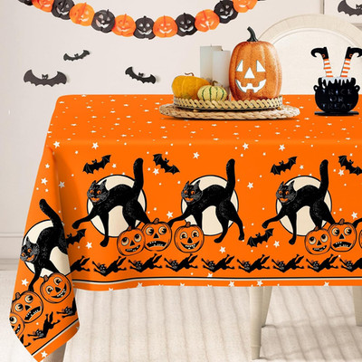 Halloween Tablecloth Orange Black Cat Bat Pumpkin Fabric Table