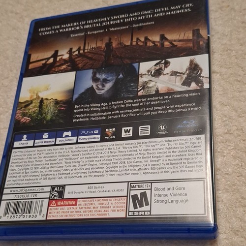 PS4 Hellblade: Senua’s Sacrifice case with back cover art, red “PS4 Pro” logo, and Nintendo, Square Enix, 505 Games logos.