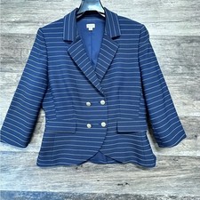Cremieux Navy Blue Striped Double-Breasted Blazer Jacket with Notched Lapels
