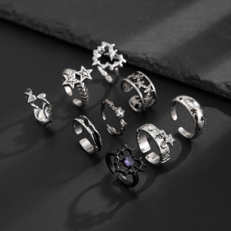 Silver Pickup Rings 9 Pieces Vintage Silver Rings Set for Women and Men Punk Styles ...