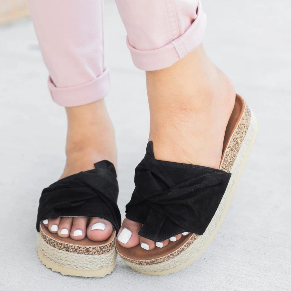 NUEVO Alpargata Punta Abierta con Arco Cuña Plana Plataforma Tacón Deslizables Sandalia Zapato Foto 2 de 3