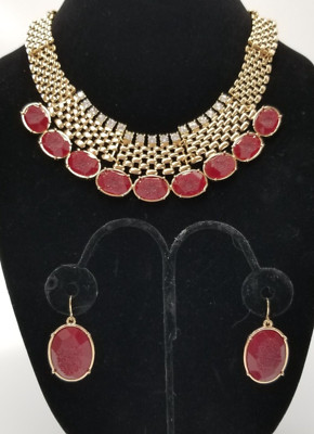 Vtg Waterfall Bib Necklace & Earrings Set Faux Maroon Druzy & Gold Tone Metal