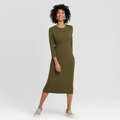 Women's Long Sleeve Rib Knit Midi Dress 