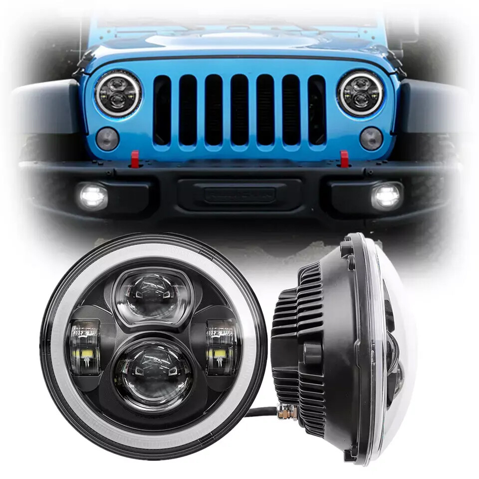 Pair 7" Inch Round LED Headlights Halo Angle Eyes For Jeep Wrangler JK