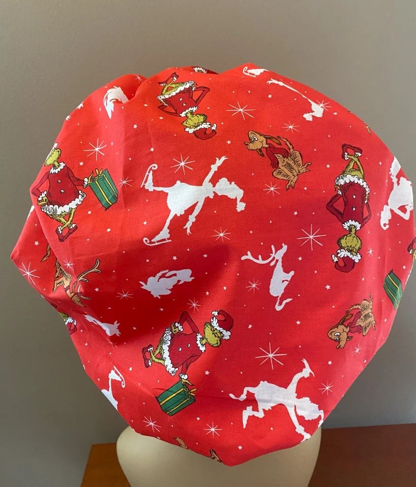 Christmas Grinch Bouffant surgical scrub hat women made with Christmas Fabric - Image 3 of 3