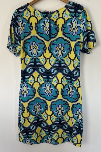 Elm Womens Dress 8 Blue Yellow Print Knee Length Round Neck Zip Shift - Picture 7 of 7