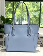 MICHAEL KORS VOYAGER LARGE EW TOTE SHOULDER BAG LAPTOP MK LIGHT SKY BLUE LEATHER