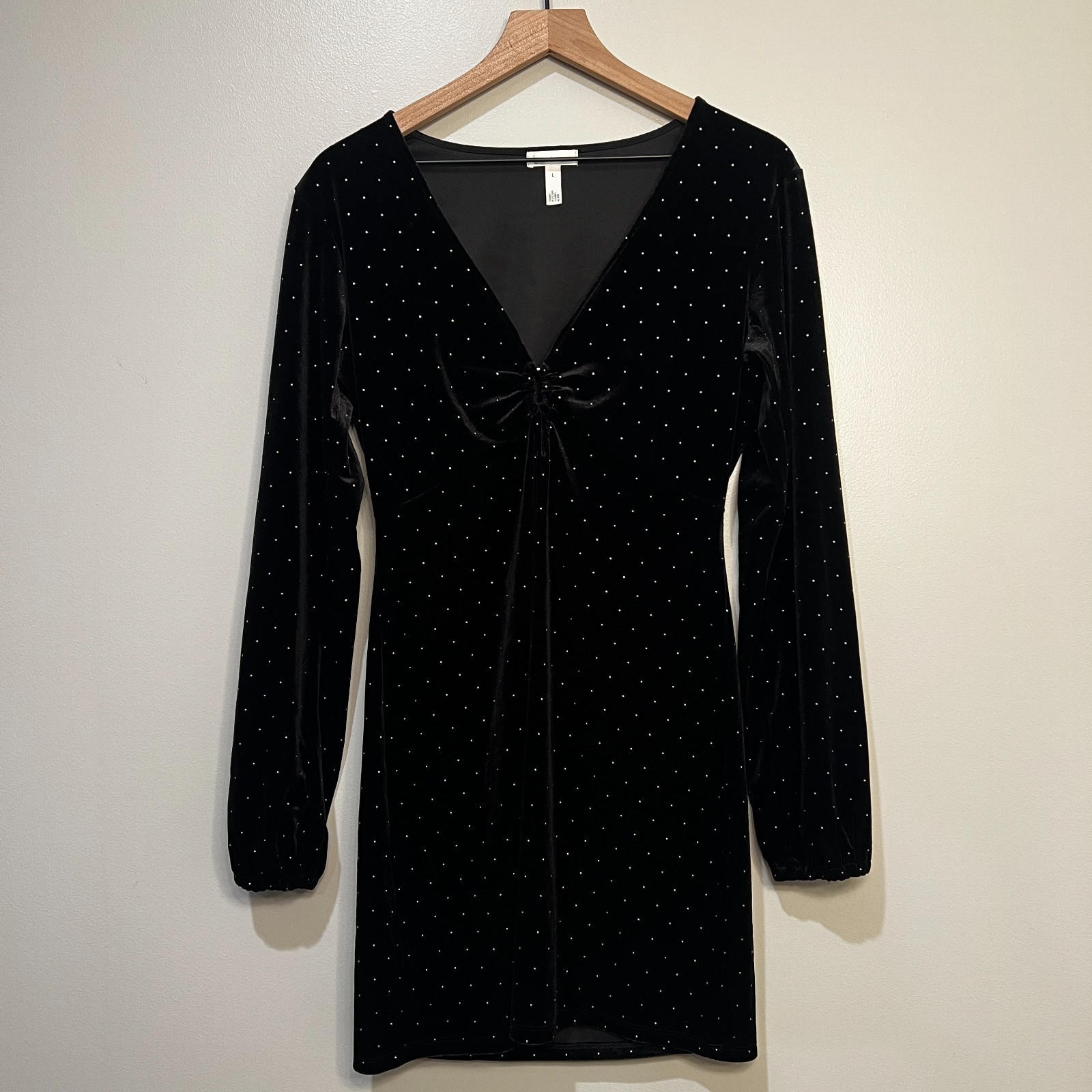 Leith Womens Velour Mini Dress Size L Black Dots Studded V-Neck Long Sleeve