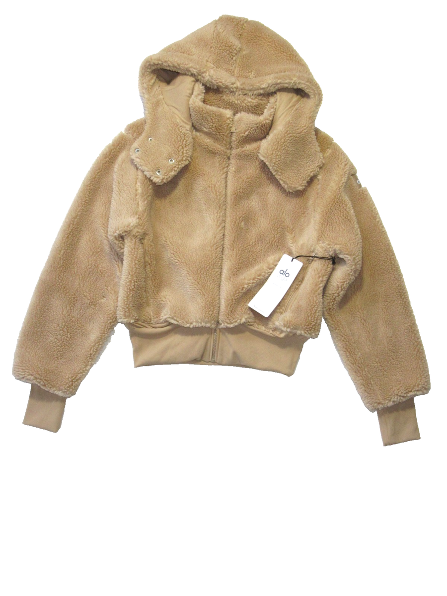 NWT ALO Women's Foxy Sherpa Jacket in Camel Relaxed Boxy Hooded