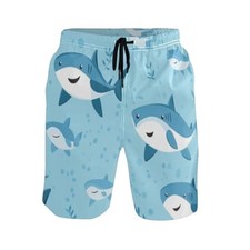 Sharks Print Hawaiian Shorts Mens Pockets Drawstring Swim Beach