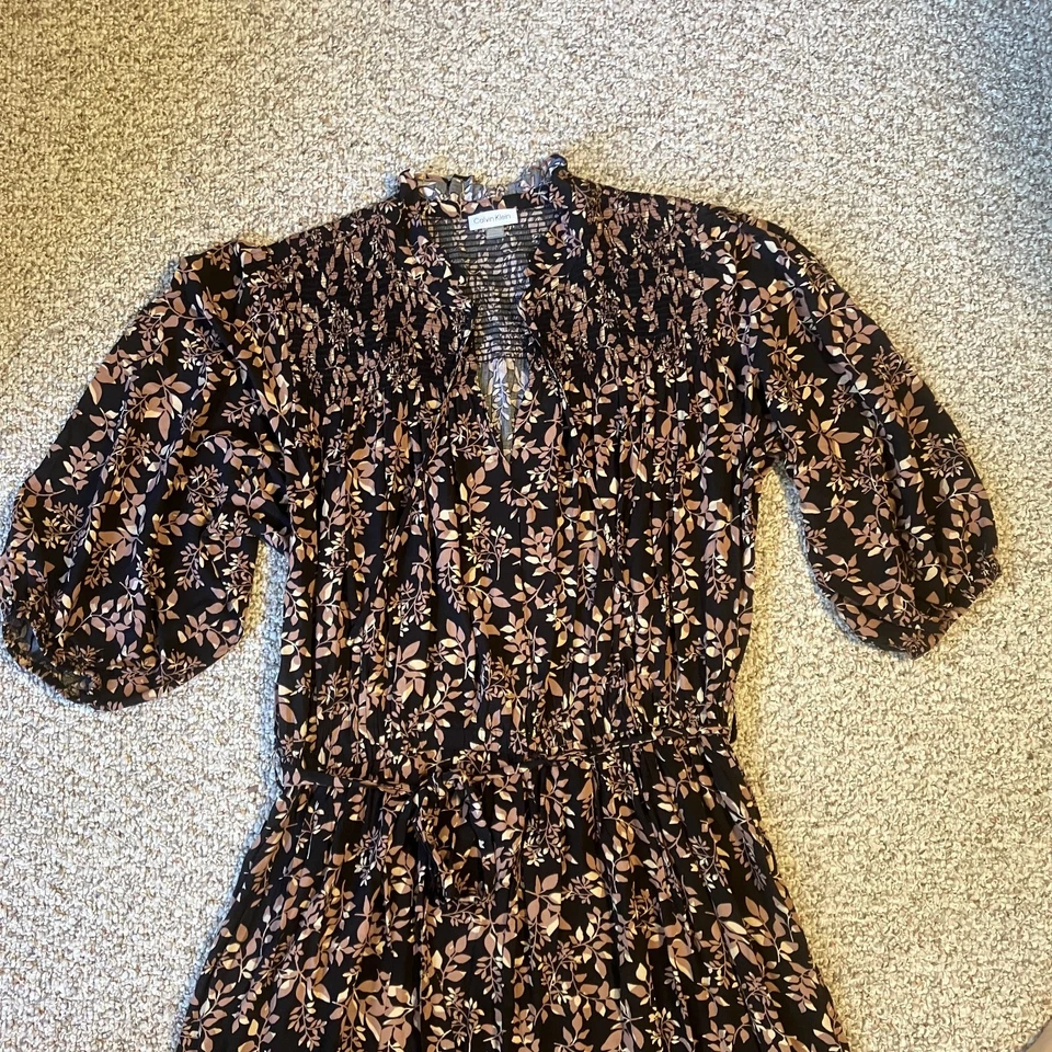 Calvin Klein Womens Floral Maxi Dress Sz 20W Puff Sleeve Tiered Tie Boho Cottage - Image 2 of 4