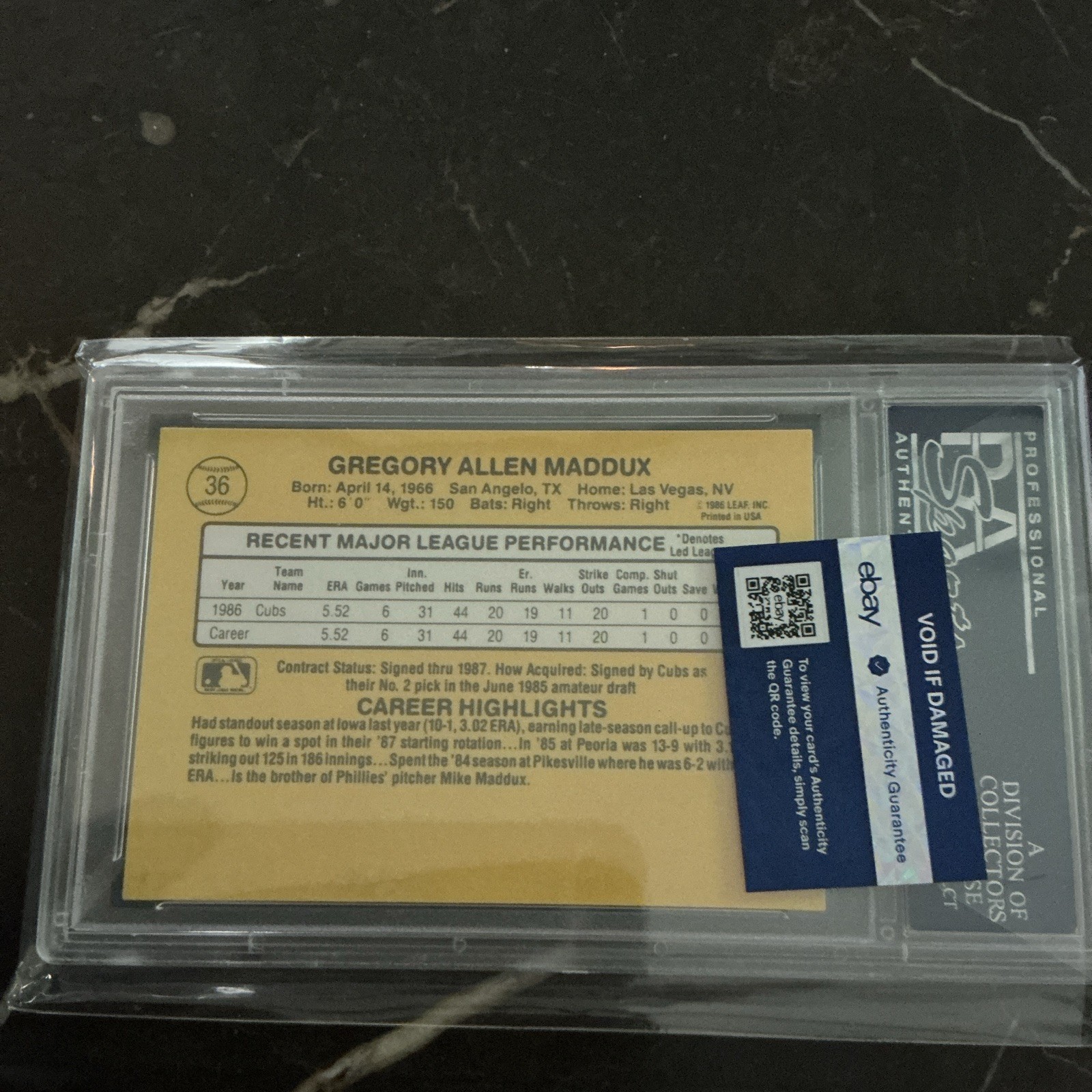 1987 Donruss Rated Rookie Greg Maddux Rookie PSA 10 Gem Mint #36 Cubs view 2