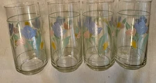Libby Crisa Drinking Glass Set (4) Blue Pink Floral Design 5-7/8”Corelle