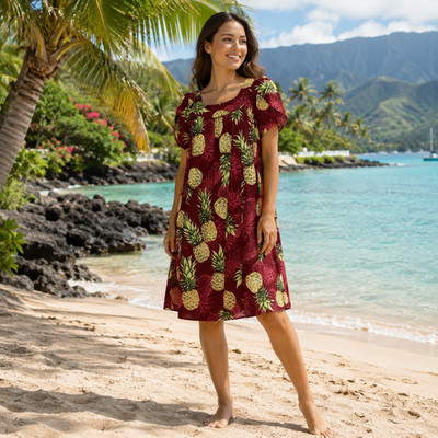 Royal Creations Hawaiian Style Midi Dress Red Pineapple Made in Hawaii  Size M