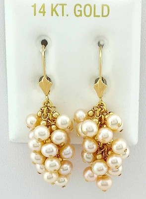 GENUINE WHITE PEARLS DANGLING EARRINGS 14K YELLOW GOLD - New With Tag
