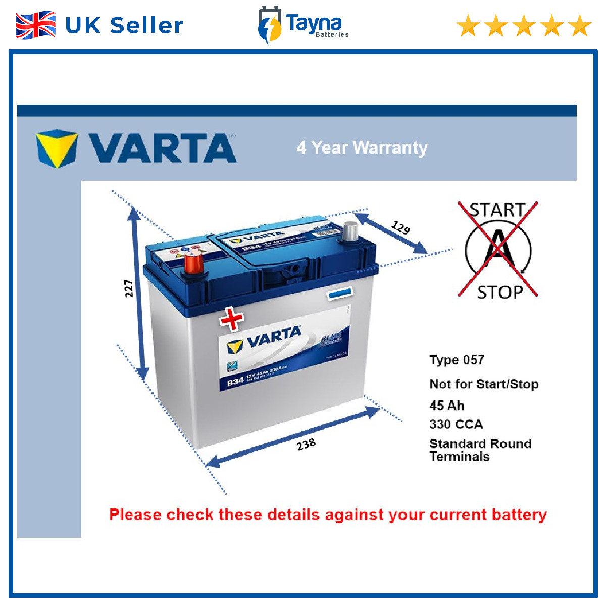 Battery fits RELIANT SCIMITAR 68 to 95 Varta 049 330A 45Ah 4Yr Warranty Quality