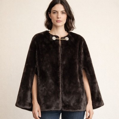 Vintage Espresso Brown Real Fur Cape Cloak Arm Slits Chain Closure Mid Century