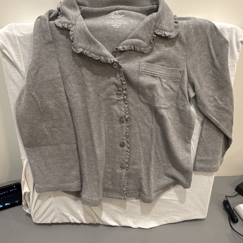 Cabernet Petites Women's Pajama Set Gray Solid Jersey Button Front PS Ruffle